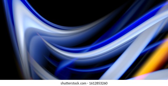 Resumen de líneas suaves de seda sobre ondas negras multicolores de estilo arco iris líquido sobre negro. Ilustraciones vectoriales para papel tapiz, cartel, fondo, tarjeta, libro, ilustración, página de inicio, portada