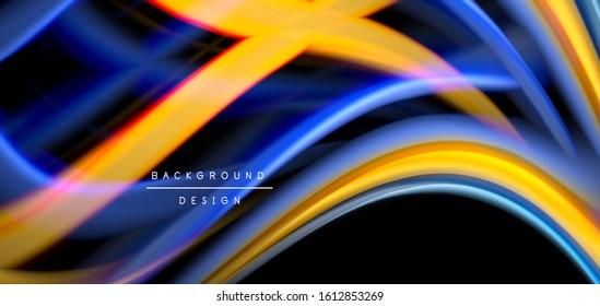 Abstract silk smooth lines on black, multicolored liquid fluid rainbow style waves on black. Vector Illustrations For Wallpaper, Banner, Background, Card, Book, Illustration, landing page, cover