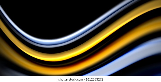 Abstract silk smooth lines on black, multicolored liquid fluid rainbow style waves on black. Vector Illustrations For Wallpaper, Banner, Background, Card, Book, Illustration, landing page, cover