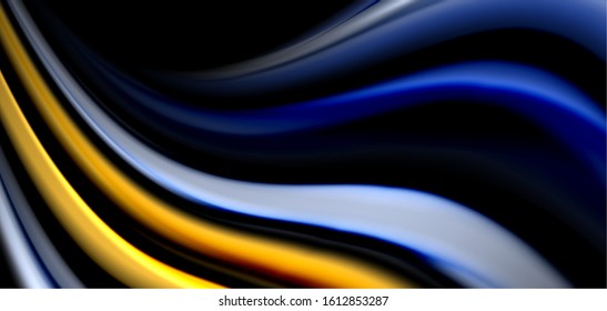 Abstract silk smooth lines on black, multicolored liquid fluid rainbow style waves on black. Vector Illustrations For Wallpaper, Banner, Background, Card, Book, Illustration, landing page, cover