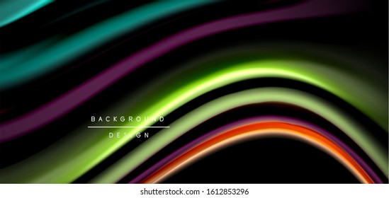 Resumen de líneas suaves de seda sobre ondas negras multicolores de estilo arco iris líquido sobre negro. Ilustraciones vectoriales para papel tapiz, cartel, fondo, tarjeta, libro, ilustración, página de inicio, portada