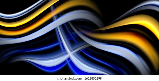 Resumen de líneas suaves de seda sobre ondas negras multicolores de estilo arco iris líquido sobre negro. Ilustraciones vectoriales para papel tapiz, cartel, fondo, tarjeta, libro, ilustración, página de inicio, portada