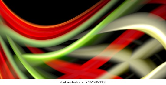 Abstract silk smooth lines on black, multicolored liquid fluid rainbow style waves on black. Vector Illustrations For Wallpaper, Banner, Background, Card, Book, Illustration, landing page, cover