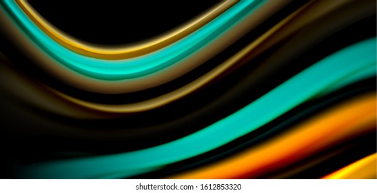 Abstract silk smooth lines on black, multicolored liquid fluid rainbow style waves on black. Vector Illustrations For Wallpaper, Banner, Background, Card, Book, Illustration, landing page, cover