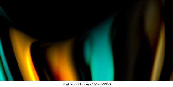 Abstract silk smooth lines on black, multicolored liquid fluid rainbow style waves on black. Vector Illustrations For Wallpaper, Banner, Background, Card, Book, Illustration, landing page, cover
