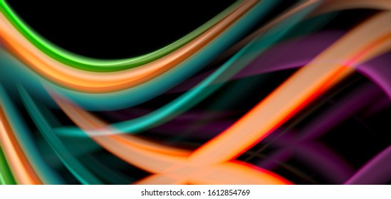 Abstract silk smooth lines on black, multicolored liquid fluid rainbow style waves on black. Vector Illustrations For Wallpaper, Banner, Background, Card, Book, Illustration, landing page, cover