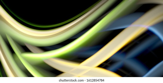 Abstract silk smooth lines on black, multicolored liquid fluid rainbow style waves on black. Vector Illustrations For Wallpaper, Banner, Background, Card, Book, Illustration, landing page, cover