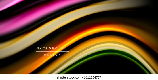 Abstract silk smooth lines on black, multicolored liquid fluid rainbow style waves on black. Vector Illustrations For Wallpaper, Banner, Background, Card, Book, Illustration, landing page, cover