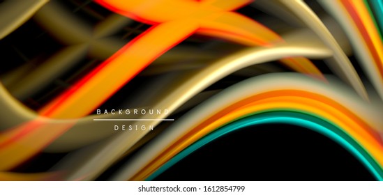 Abstract silk smooth lines on black, multicolored liquid fluid rainbow style waves on black. Vector Illustrations For Wallpaper, Banner, Background, Card, Book, Illustration, landing page, cover