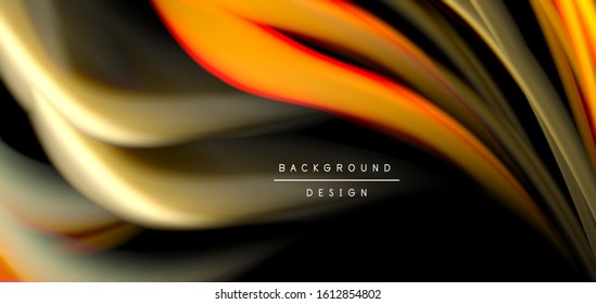 Resumen de líneas suaves de seda sobre ondas negras multicolores de estilo arco iris líquido sobre negro. Ilustraciones vectoriales para papel tapiz, cartel, fondo, tarjeta, libro, ilustración, página de inicio, portada