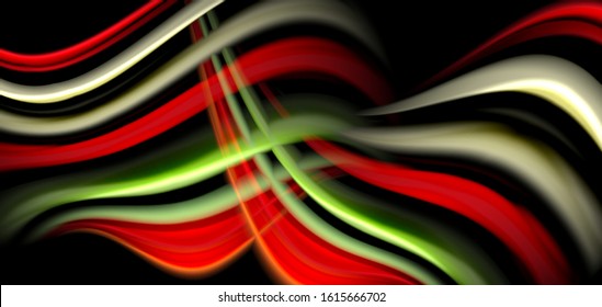 Abstract silk smooth lines on black, multicolored liquid fluid rainbow style waves on black. Vector Illustrations For Wallpaper, Banner, Background, Card, Book, Illustration, landing page, cover