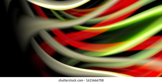 Abstract silk smooth lines on black, multicolored liquid fluid rainbow style waves on black. Vector Illustrations For Wallpaper, Banner, Background, Card, Book, Illustration, landing page, cover