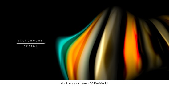 Abstract silk smooth lines on black, multicolored liquid fluid rainbow style waves on black. Vector Illustrations For Wallpaper, Banner, Background, Card, Book, Illustration, landing page, cover