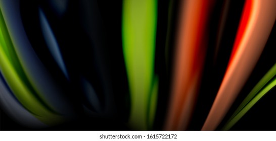 Abstract silk smooth lines on black, multicolored liquid fluid rainbow style waves on black. Vector Illustrations For Wallpaper, Banner, Background, Card, Book, Illustration, landing page, cover