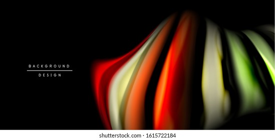 Abstract silk smooth lines on black, multicolored liquid fluid rainbow style waves on black. Vector Illustrations For Wallpaper, Banner, Background, Card, Book, Illustration, landing page, cover