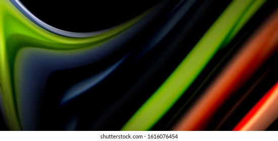 Abstract silk smooth lines on black, multicolored liquid fluid rainbow style waves on black. Vector Illustrations For Wallpaper, Banner, Background, Card, Book, Illustration, landing page, cover