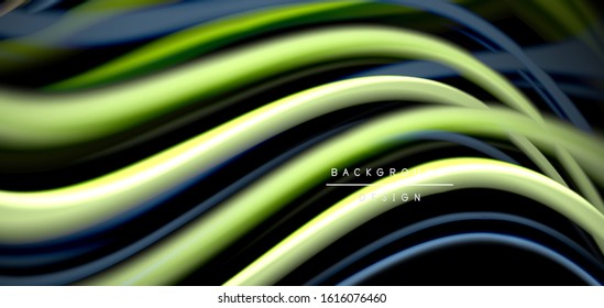 Resumen de líneas suaves de seda sobre ondas negras multicolores de estilo arco iris líquido sobre negro. Ilustraciones vectoriales para papel tapiz, cartel, fondo, tarjeta, libro, ilustración, página de inicio, portada