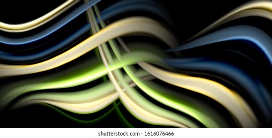 Resumen de líneas suaves de seda sobre ondas negras multicolores de estilo arco iris líquido sobre negro. Ilustraciones vectoriales para papel tapiz, cartel, fondo, tarjeta, libro, ilustración, página de inicio, portada