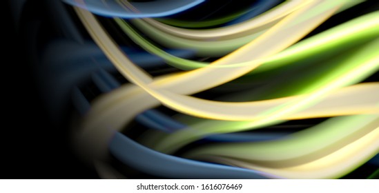 Resumen de líneas suaves de seda sobre ondas negras multicolores de estilo arco iris líquido sobre negro. Ilustraciones vectoriales para papel tapiz, cartel, fondo, tarjeta, libro, ilustración, página de inicio, portada
