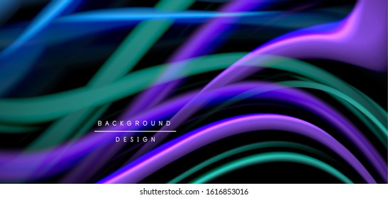 Abstract silk smooth lines on black, multicolored liquid fluid rainbow style waves on black. Vector Illustrations For Wallpaper, Banner, Background, Card, Book, Illustration, landing page, cover