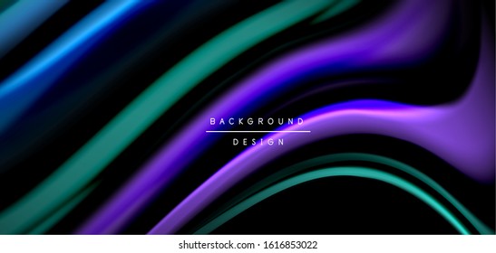 Resumen de líneas suaves de seda sobre ondas negras multicolores de estilo arco iris líquido sobre negro. Ilustraciones vectoriales para papel tapiz, cartel, fondo, tarjeta, libro, ilustración, página de inicio, portada