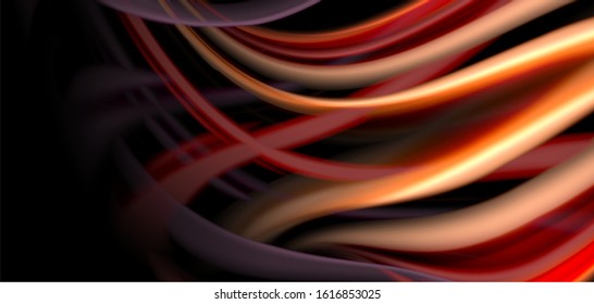 Abstract silk smooth lines on black, multicolored liquid fluid rainbow style waves on black. Vector Illustrations For Wallpaper, Banner, Background, Card, Book, Illustration, landing page, cover