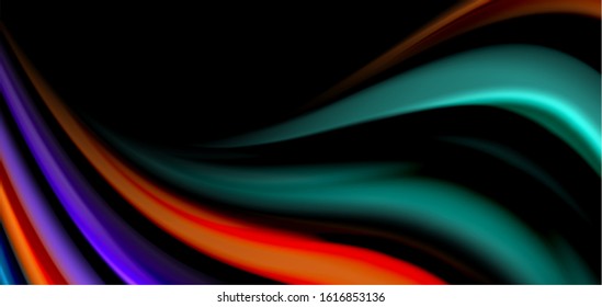 Abstract silk smooth lines on black, multicolored liquid fluid rainbow style waves on black. Vector Illustrations For Wallpaper, Banner, Background, Card, Book, Illustration, landing page, cover