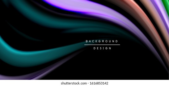 Resumen de líneas suaves de seda sobre ondas negras multicolores de estilo arco iris líquido sobre negro. Ilustraciones vectoriales para papel tapiz, cartel, fondo, tarjeta, libro, ilustración, página de inicio, portada