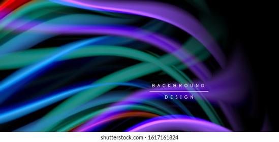 Resumen de líneas suaves de seda sobre ondas negras multicolores de estilo arco iris líquido sobre negro. Ilustraciones vectoriales para papel tapiz, cartel, fondo, tarjeta, libro, ilustración, página de inicio, portada
