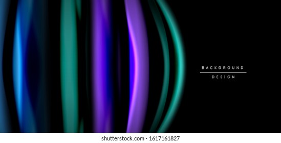 Abstract silk smooth lines on black, multicolored liquid fluid rainbow style waves on black. Vector Illustrations For Wallpaper, Banner, Background, Card, Book, Illustration, landing page, cover