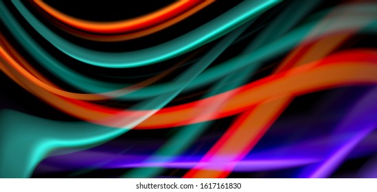 Abstract silk smooth lines on black, multicolored liquid fluid rainbow style waves on black. Vector Illustrations For Wallpaper, Banner, Background, Card, Book, Illustration, landing page, cover