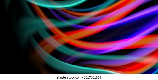 Abstract silk smooth lines on black, multicolored liquid fluid rainbow style waves on black. Vector Illustrations For Wallpaper, Banner, Background, Card, Book, Illustration, landing page, cover