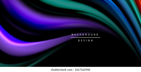 Resumen de líneas suaves de seda sobre ondas negras multicolores de estilo arco iris líquido sobre negro. Ilustraciones vectoriales para papel tapiz, cartel, fondo, tarjeta, libro, ilustración, página de inicio, portada