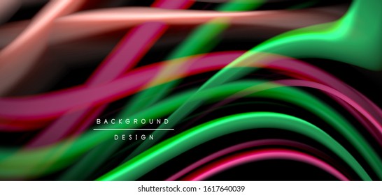 Abstract silk smooth lines on black, multicolored liquid fluid rainbow style waves on black. Vector Illustrations For Wallpaper, Banner, Background, Card, Book, Illustration, landing page, cover