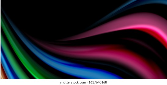 Abstract silk smooth lines on black, multicolored liquid fluid rainbow style waves on black. Vector Illustrations For Wallpaper, Banner, Background, Card, Book, Illustration, landing page, cover