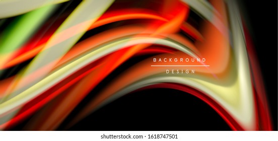 Abstract silk smooth lines on black, multicolored liquid fluid rainbow style waves on black. Vector Illustrations For Wallpaper, Banner, Background, Card, Book, Illustration, landing page, cover