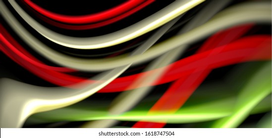 Abstract silk smooth lines on black, multicolored liquid fluid rainbow style waves on black. Vector Illustrations For Wallpaper, Banner, Background, Card, Book, Illustration, landing page, cover