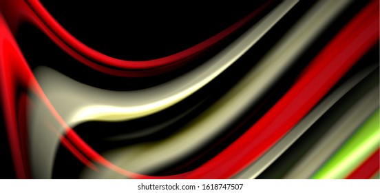 Abstract silk smooth lines on black, multicolored liquid fluid rainbow style waves on black. Vector Illustrations For Wallpaper, Banner, Background, Card, Book, Illustration, landing page, cover