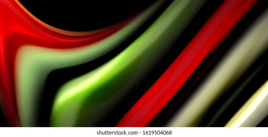 Abstract silk smooth lines on black, multicolored liquid fluid rainbow style waves on black. Vector Illustrations For Wallpaper, Banner, Background, Card, Book, Illustration, landing page, cover