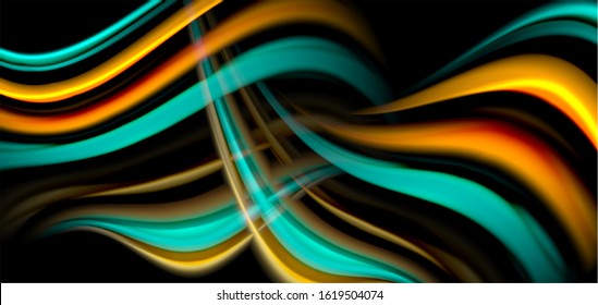 Abstract silk smooth lines on black, multicolored liquid fluid rainbow style waves on black. Vector Illustrations For Wallpaper, Banner, Background, Card, Book, Illustration, landing page, cover