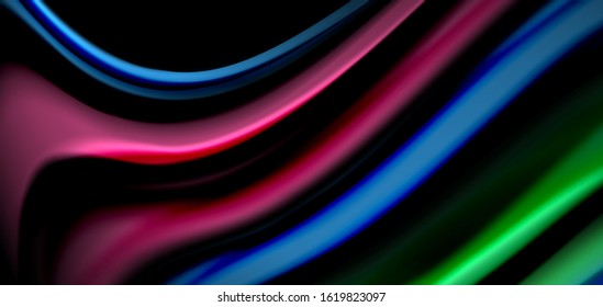 Abstract silk smooth lines on black, multicolored liquid fluid rainbow style waves on black. Vector Illustrations For Wallpaper, Banner, Background, Card, Book, Illustration, landing page, cover