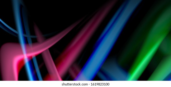 Resumen de líneas suaves de seda sobre ondas negras multicolores de estilo arco iris líquido sobre negro. Ilustraciones vectoriales para papel tapiz, cartel, fondo, tarjeta, libro, ilustración, página de inicio, portada