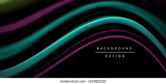 Abstrakte Seide glatte Linien auf schwarzen, mehrfarbigen flüssigen Regenbogenwellen auf Schwarz. Vektorgrafiken für Bildschirmhintergründe, Banner, Hintergrund, Karte, Buch, Illustrationen, Landungsseiten, Deckblatt