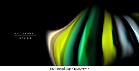 Abstract silk smooth lines on black, multicolored liquid fluid rainbow style waves on black. Vector Illustrations For Wallpaper, Banner, Background, Card, Book, Illustration, landing page, cover