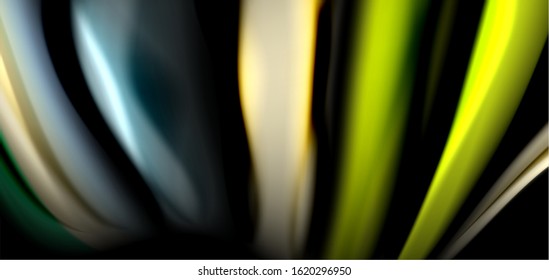 Abstract silk smooth lines on black, multicolored liquid fluid rainbow style waves on black. Vector Illustrations For Wallpaper, Banner, Background, Card, Book, Illustration, landing page, cover