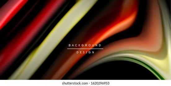 Abstract silk smooth lines on black, multicolored liquid fluid rainbow style waves on black. Vector Illustrations For Wallpaper, Banner, Background, Card, Book, Illustration, landing page, cover