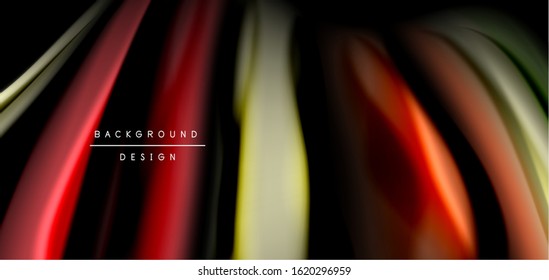 Resumen de líneas suaves de seda sobre ondas negras multicolores de estilo arco iris líquido sobre negro. Ilustraciones vectoriales para papel tapiz, cartel, fondo, tarjeta, libro, ilustración, página de inicio, portada