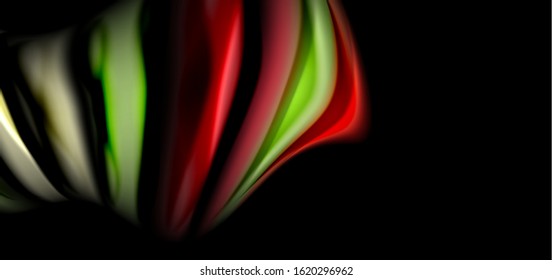 Abstract silk smooth lines on black, multicolored liquid fluid rainbow style waves on black. Vector Illustrations For Wallpaper, Banner, Background, Card, Book, Illustration, landing page, cover