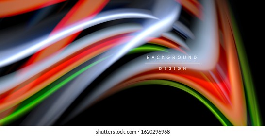 Abstract silk smooth lines on black, multicolored liquid fluid rainbow style waves on black. Vector Illustrations For Wallpaper, Banner, Background, Card, Book, Illustration, landing page, cover