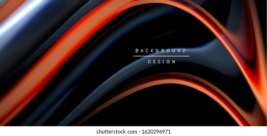 Abstract silk smooth lines on black, multicolored liquid fluid rainbow style waves on black. Vector Illustrations For Wallpaper, Banner, Background, Card, Book, Illustration, landing page, cover